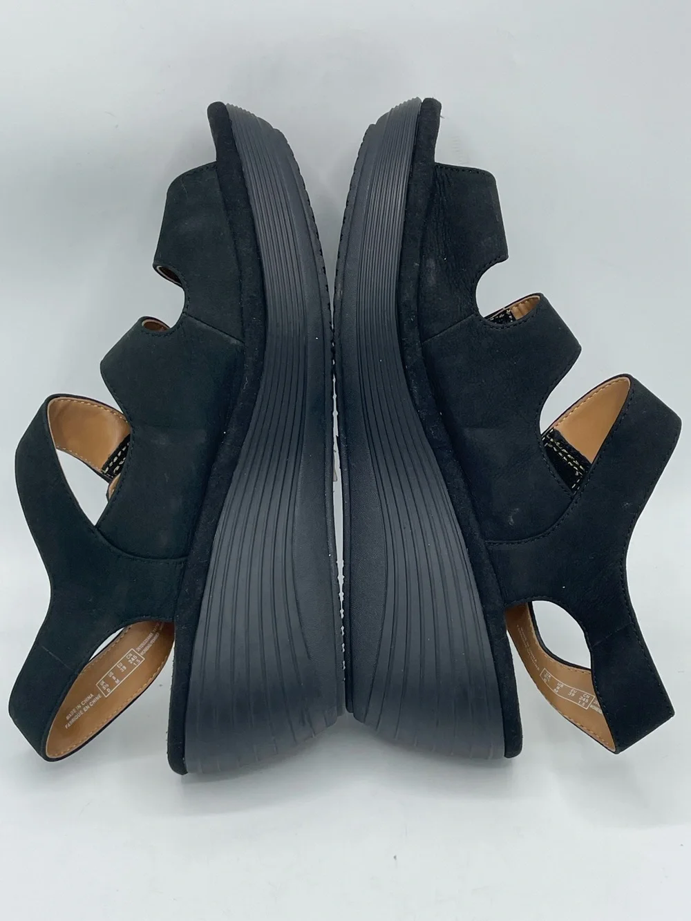 Clarks Black Three-Strap Wedge Sandals